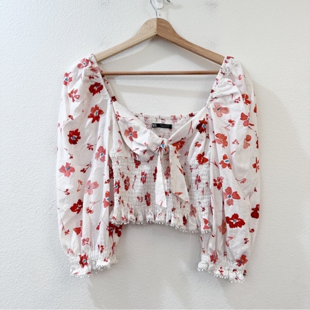 Zara Floral Print Linen Blend Square Neck Puff Sleeve Cropped Blouse‎ Size S - Picture 4 of 10